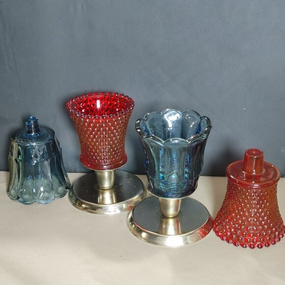 Candle Glass Red Hobnail Blue Tulip Scallop Peg Sconce Votive Holders Gold Base - Picture 7 of 11